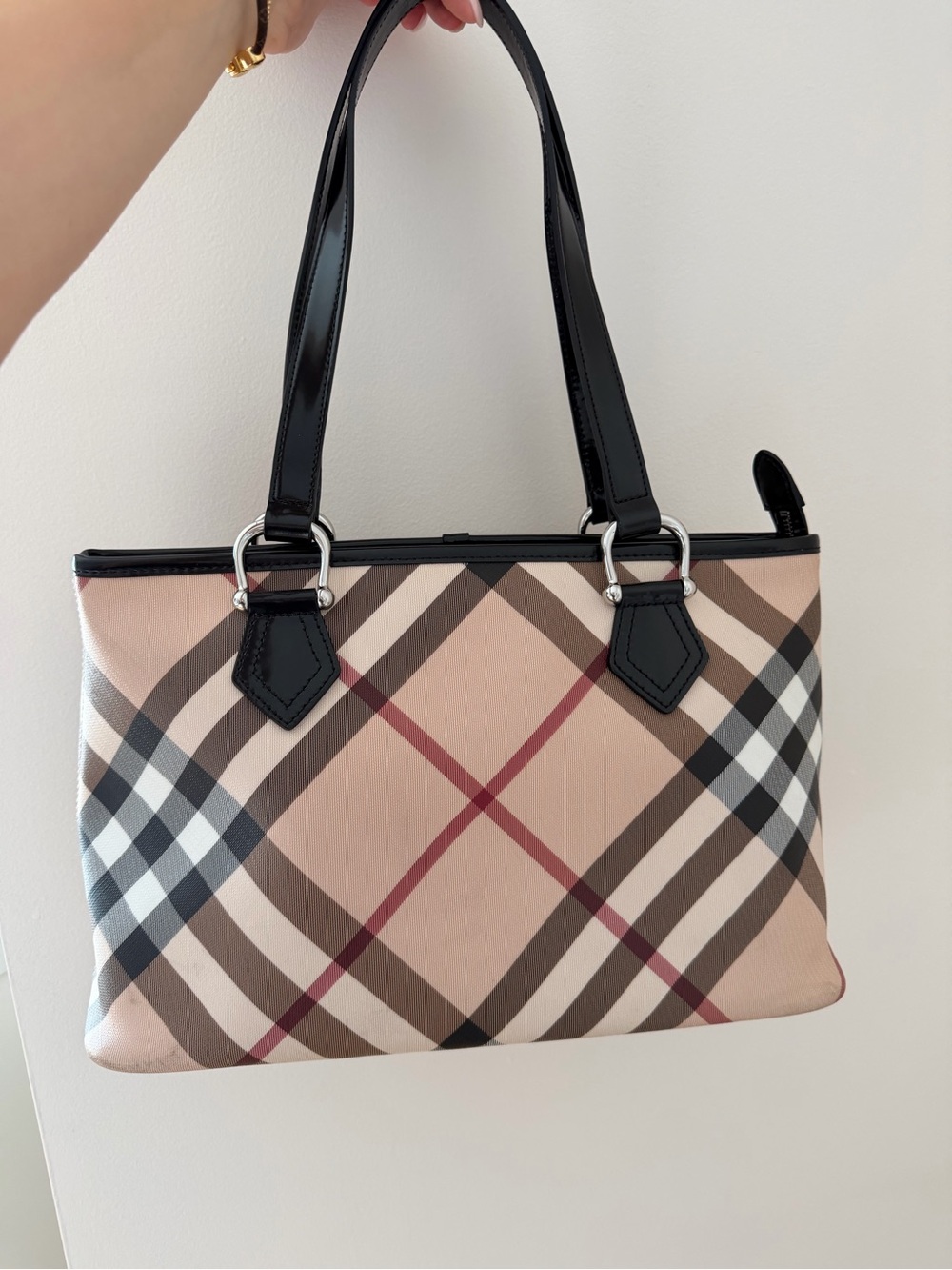 Burberry Beige Plaid Tote with Black Handles & Wallet